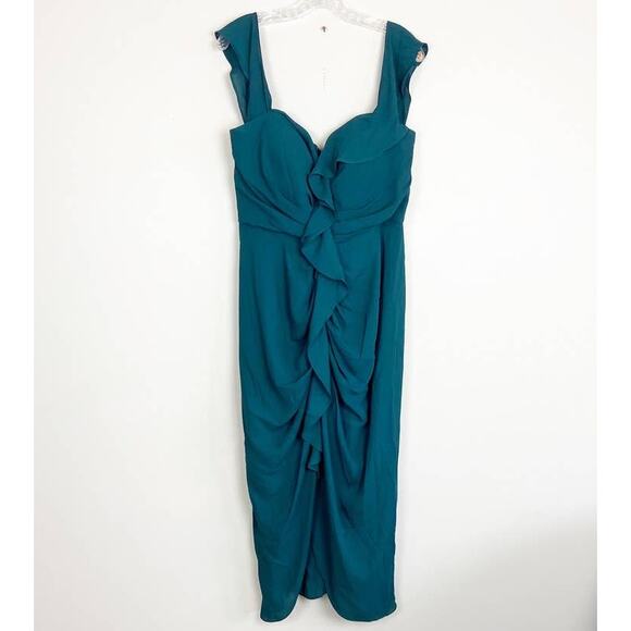 City Chic Va Va Voom Dress in emerald off the shoulder ruched ruffle size 14 - Picture 3 of 6